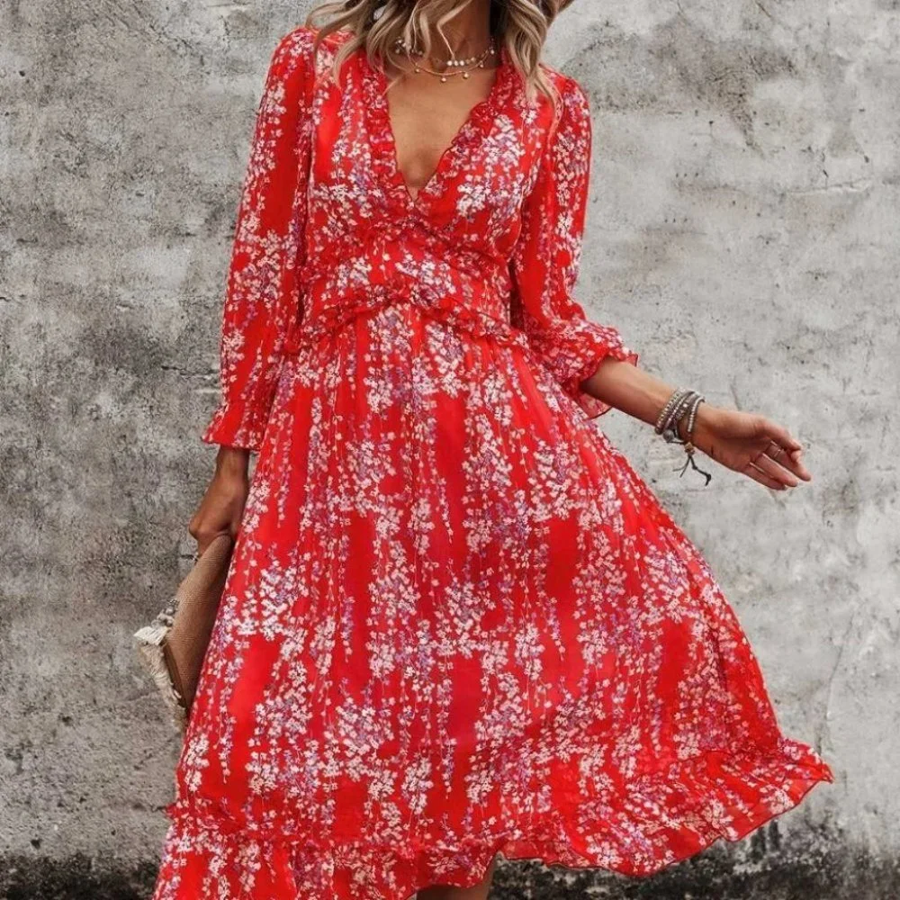 Red Floral Ditsy Ruffle Hem Dress Shabby Chic Cottagecore - Picture 2 of 5
